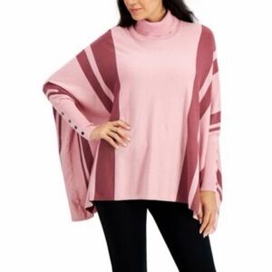 Alfani Pink and Burgundy Striped Long Sleeve Turtle Neck Poncho Sweater.